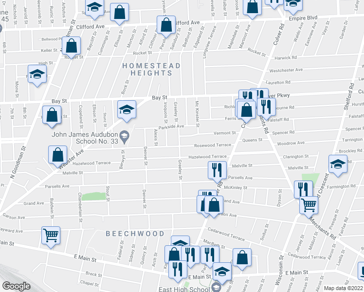 map of restaurants, bars, coffee shops, grocery stores, and more near 308 Rosewood Terrace in Rochester
