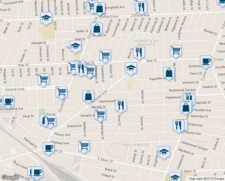 map of restaurants, bars, coffee shops, grocery stores, and more near in Rochester