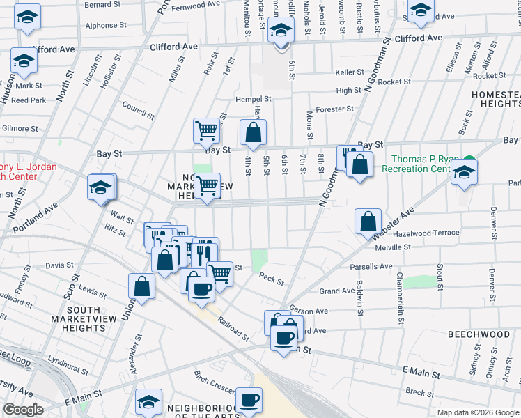 map of restaurants, bars, coffee shops, grocery stores, and more near in Rochester