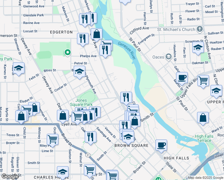 map of restaurants, bars, coffee shops, grocery stores, and more near 217 Lake Avenue in Rochester