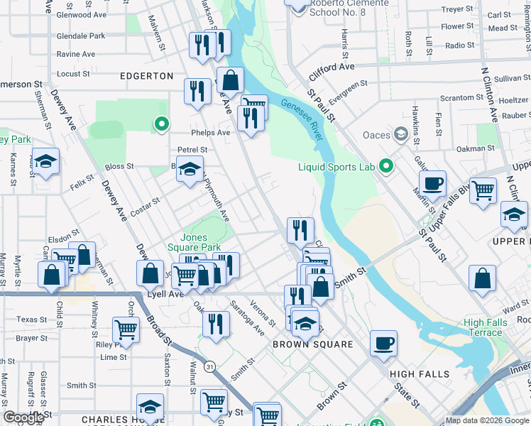 map of restaurants, bars, coffee shops, grocery stores, and more near 217 Lake Avenue in Rochester