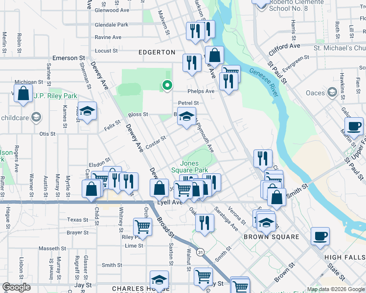 map of restaurants, bars, coffee shops, grocery stores, and more near 57 Montrose Street in Rochester