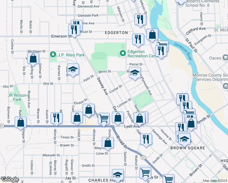 map of restaurants, bars, coffee shops, grocery stores, and more near 213 Parkway in Rochester