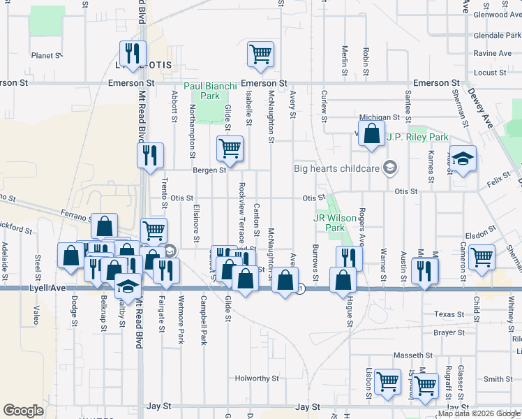 map of restaurants, bars, coffee shops, grocery stores, and more near 142 Canton Street in Rochester