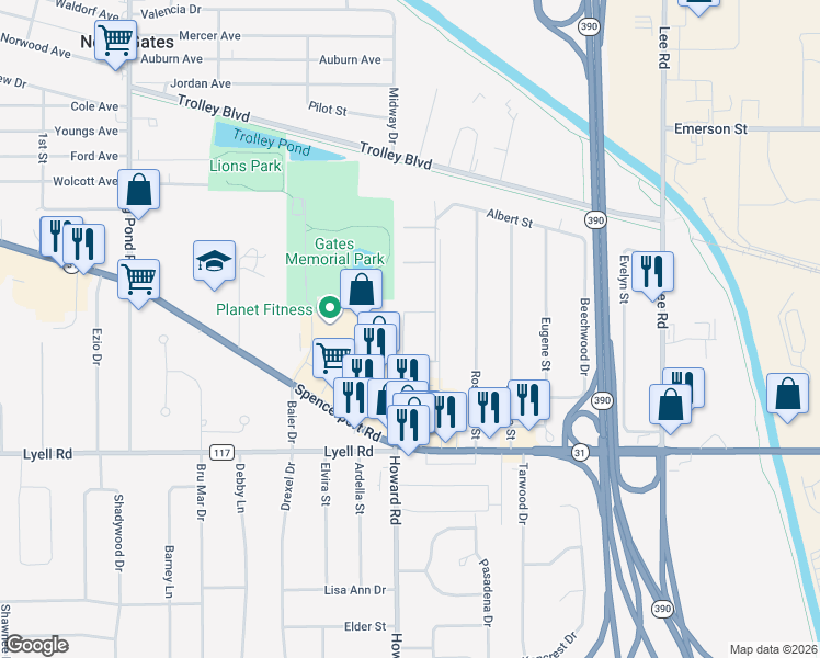 map of restaurants, bars, coffee shops, grocery stores, and more near 144 Fox Run in Rochester