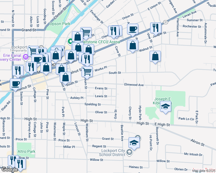 map of restaurants, bars, coffee shops, grocery stores, and more near 90 Elmwood Avenue in Lockport