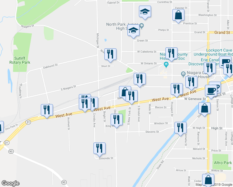 map of restaurants, bars, coffee shops, grocery stores, and more near 322 Park Avenue in Lockport