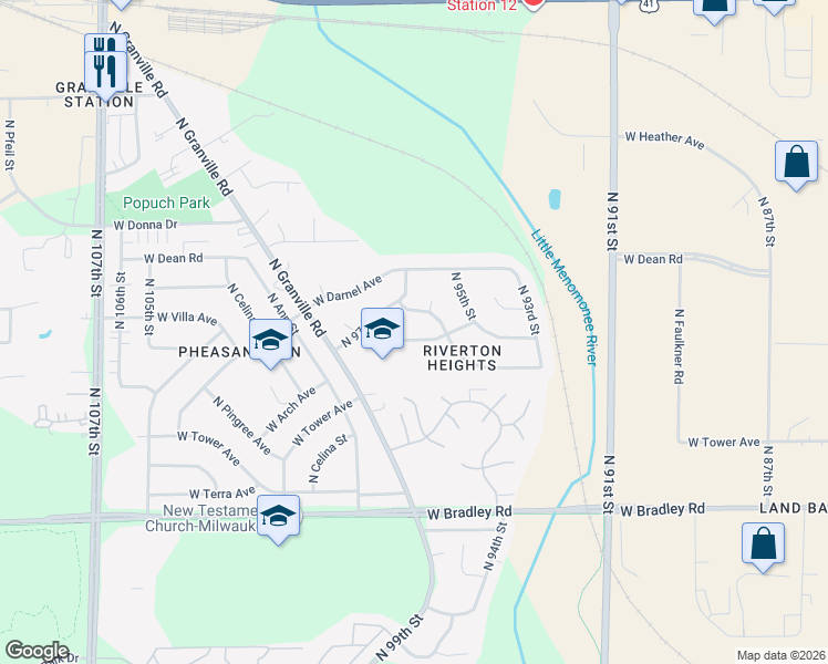 map of restaurants, bars, coffee shops, grocery stores, and more near 9633 West Goodrich Avenue in Milwaukee