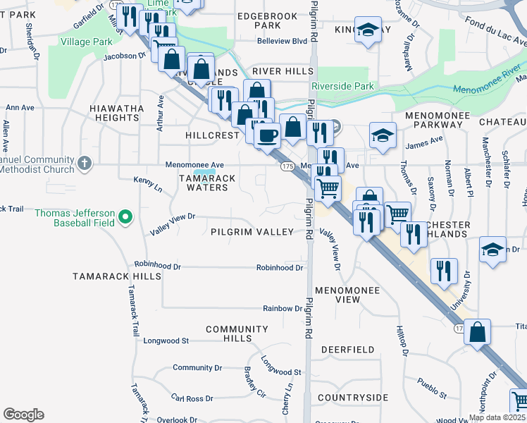 map of restaurants, bars, coffee shops, grocery stores, and more near w159n8311 Apple Valley Drive in Menomonee Falls