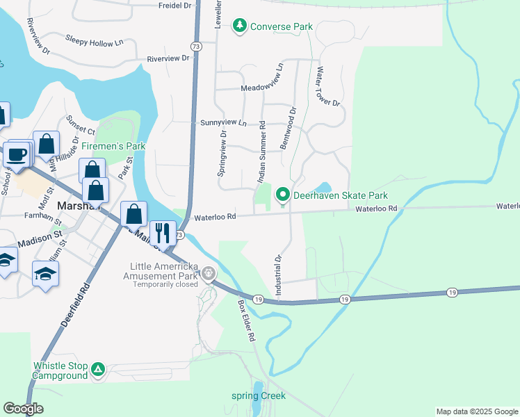 map of restaurants, bars, coffee shops, grocery stores, and more near 447 Waterloo Rd in Marshall