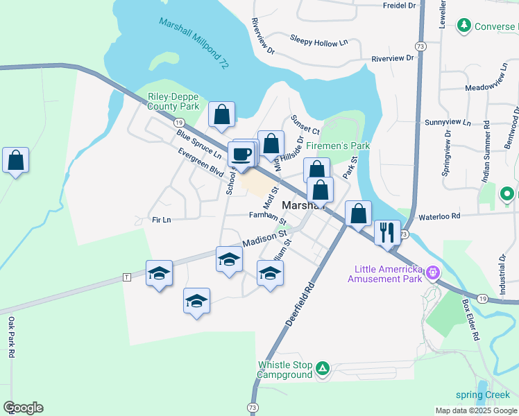 map of restaurants, bars, coffee shops, grocery stores, and more near 136 Motl Street in Marshall