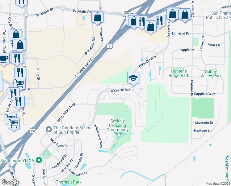 map of restaurants, bars, coffee shops, grocery stores, and more near 1121 O'Keeffe Avenue in Sun Prairie