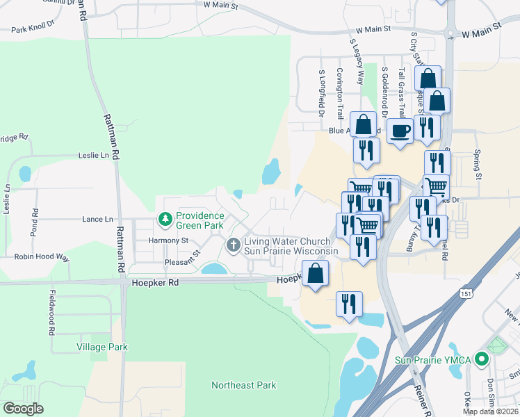 map of restaurants, bars, coffee shops, grocery stores, and more near 3058 Triumph Drive in Sun Prairie