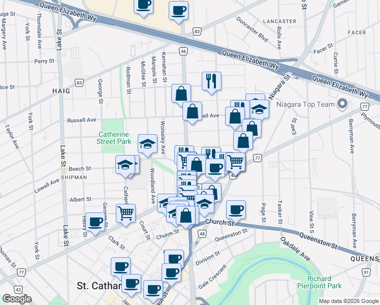 map of restaurants, bars, coffee shops, grocery stores, and more near in St. Catharines