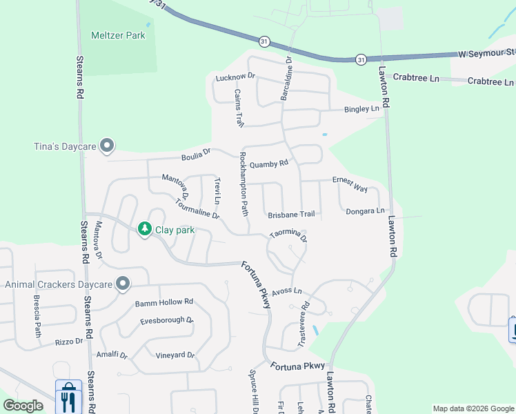 map of restaurants, bars, coffee shops, grocery stores, and more near 5430 Brisbane Trail in Clay
