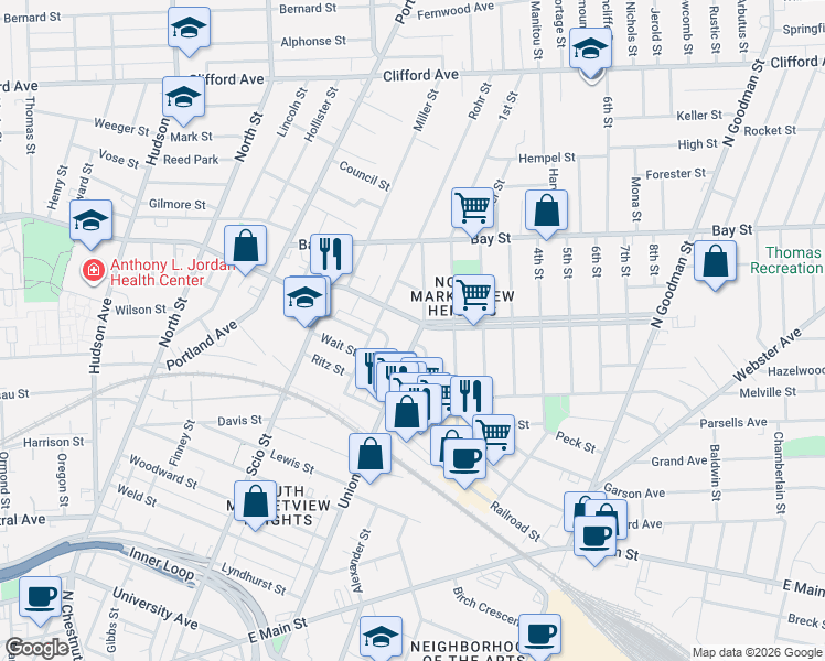 map of restaurants, bars, coffee shops, grocery stores, and more near 234 Central Park in Rochester