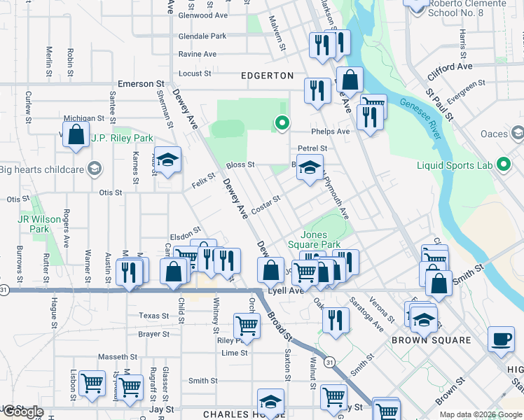 map of restaurants, bars, coffee shops, grocery stores, and more near 213 Parkway in Rochester