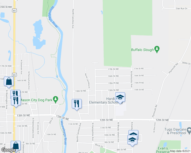 map of restaurants, bars, coffee shops, grocery stores, and more near 701 16th Street Northeast in Mason City