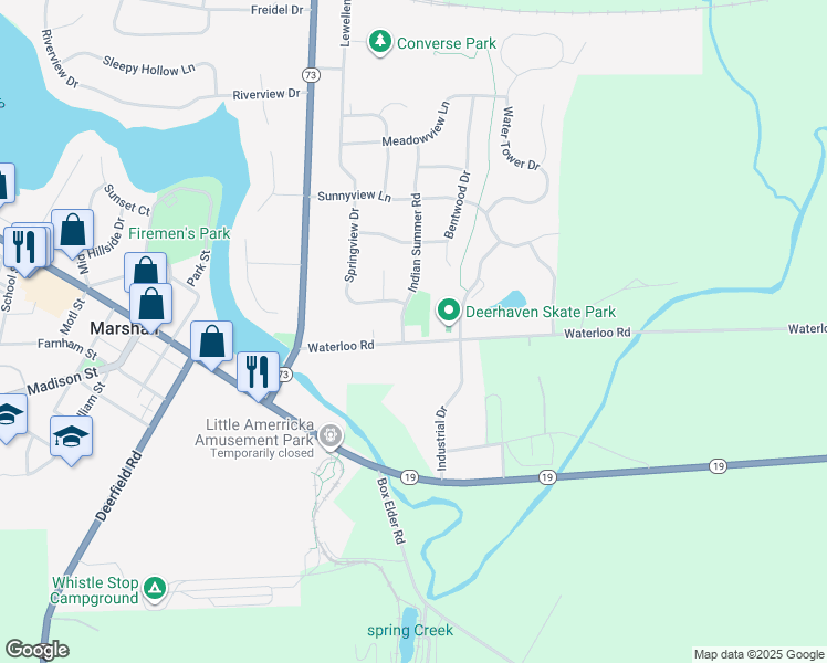 map of restaurants, bars, coffee shops, grocery stores, and more near 447 Waterloo Road in Marshall