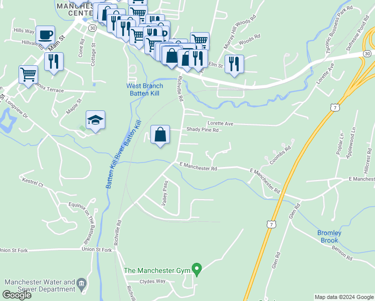 map of restaurants, bars, coffee shops, grocery stores, and more near 3466 Richville Road in Bennington County