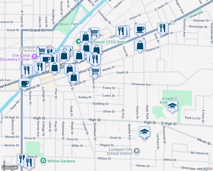 map of restaurants, bars, coffee shops, grocery stores, and more near 47 Elmwood Avenue in Lockport
