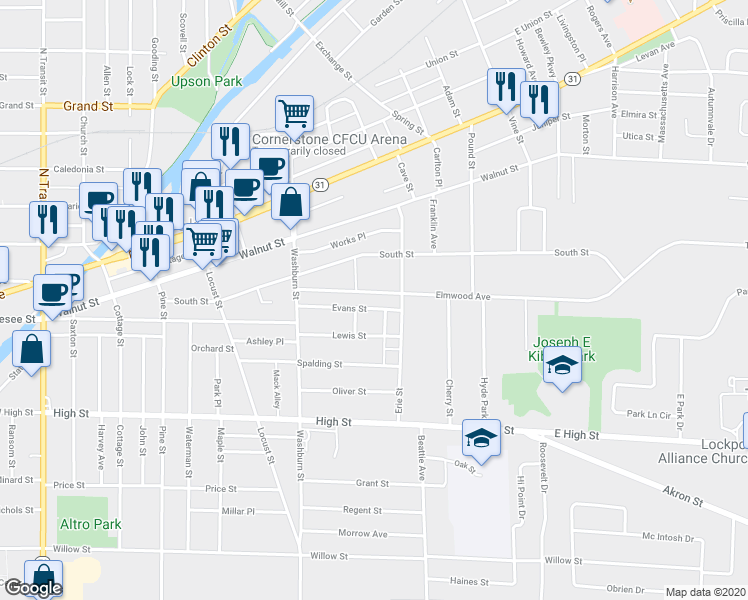 map of restaurants, bars, coffee shops, grocery stores, and more near 85 Elmwood Avenue in Lockport