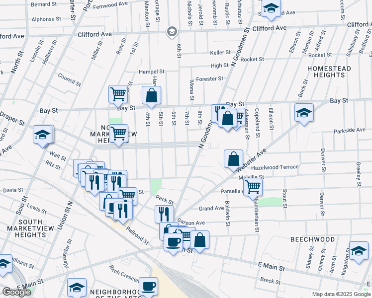 map of restaurants, bars, coffee shops, grocery stores, and more near 497 Central Park in Rochester