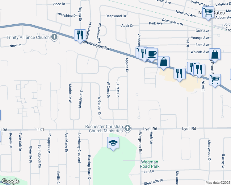 map of restaurants, bars, coffee shops, grocery stores, and more near 17 East Crest Drive in Rochester
