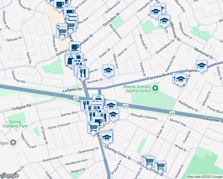 map of restaurants, bars, coffee shops, grocery stores, and more near 36 Fairview Drive in Brantford