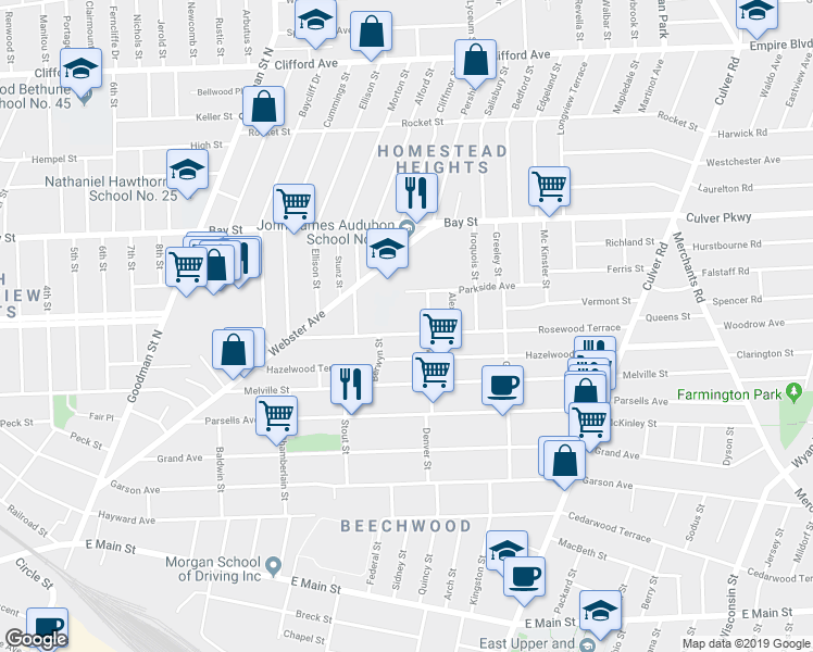 map of restaurants, bars, coffee shops, grocery stores, and more near 164 Rosewood Terrace in Rochester