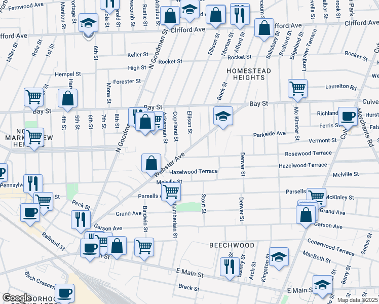 map of restaurants, bars, coffee shops, grocery stores, and more near in Rochester