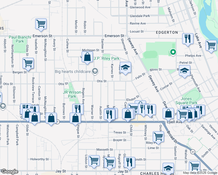 map of restaurants, bars, coffee shops, grocery stores, and more near 181 Myrtle Street in Rochester