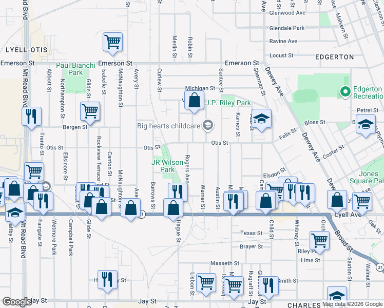 map of restaurants, bars, coffee shops, grocery stores, and more near 49 Rogers Avenue in Rochester