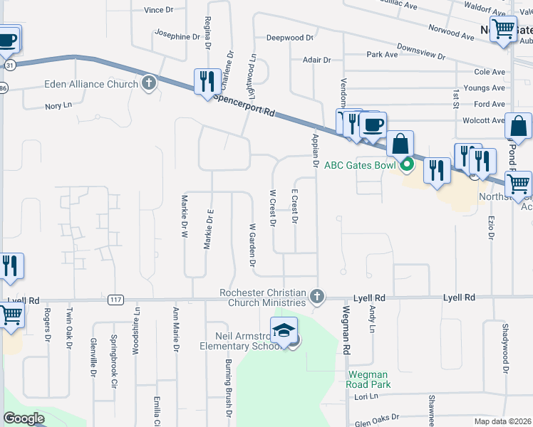 map of restaurants, bars, coffee shops, grocery stores, and more near 33 West Crest Drive in Rochester