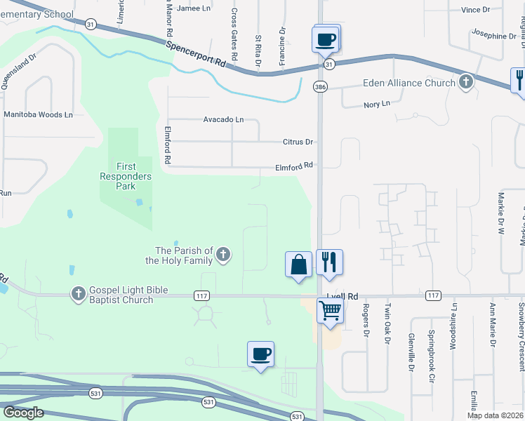 map of restaurants, bars, coffee shops, grocery stores, and more near 44 Timber Creek Trail in Monroe County