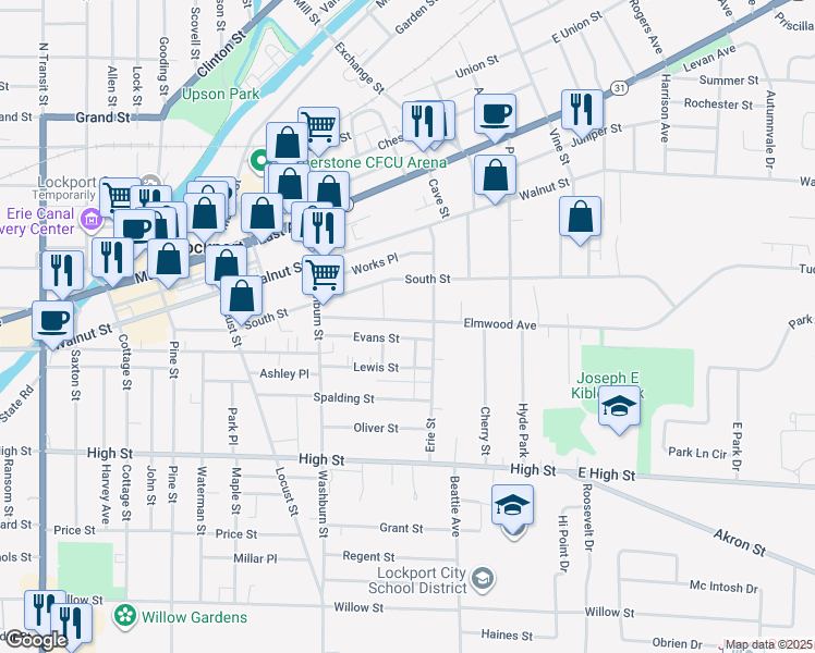 map of restaurants, bars, coffee shops, grocery stores, and more near 90 Elmwood Avenue in Lockport
