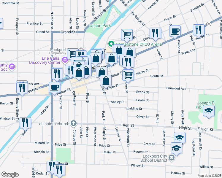 map of restaurants, bars, coffee shops, grocery stores, and more near 79 South Street in Lockport