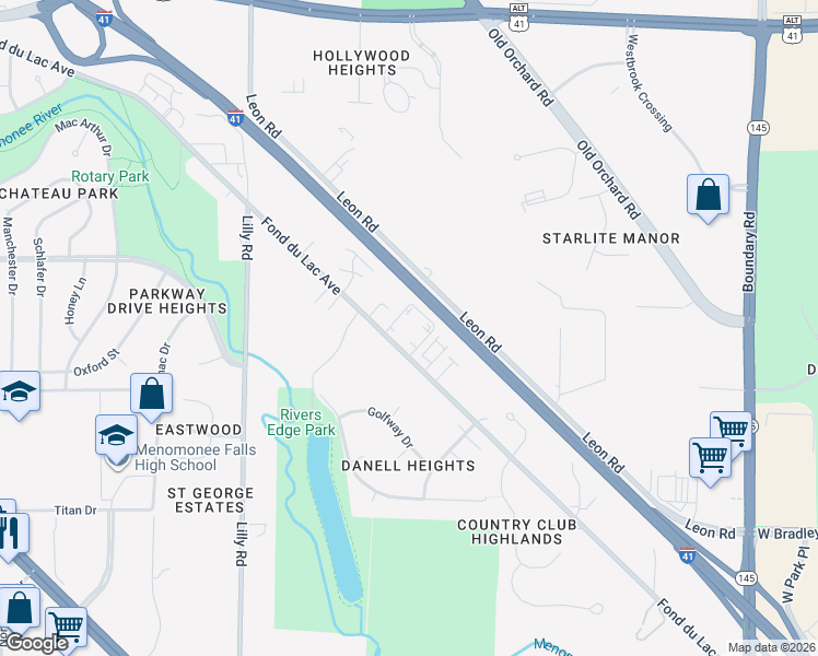 map of restaurants, bars, coffee shops, grocery stores, and more near N82W13500 West Fond Du Lac Avenue in Menomonee Falls