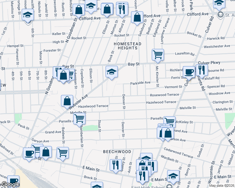 map of restaurants, bars, coffee shops, grocery stores, and more near 164 Rosewood Terrace in Rochester