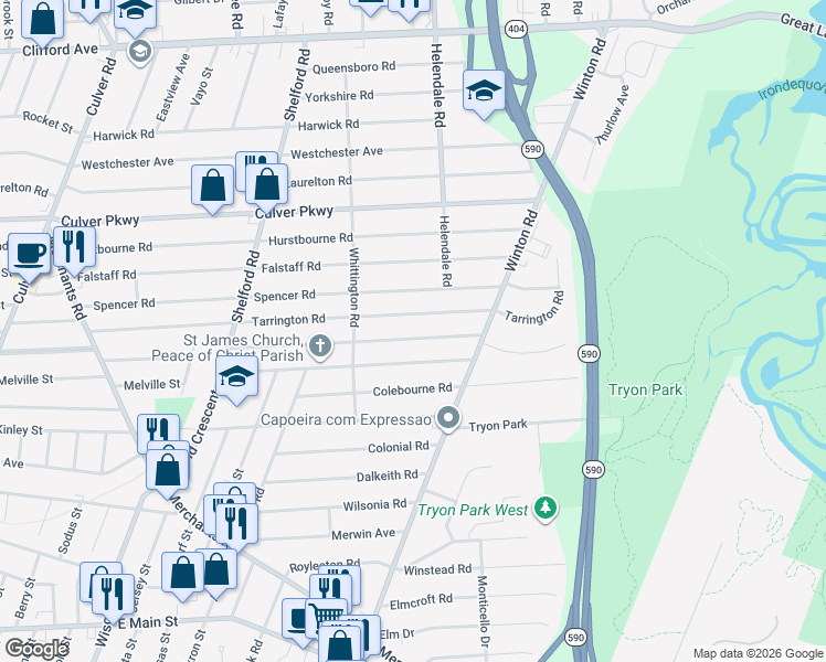 map of restaurants, bars, coffee shops, grocery stores, and more near 459 Tarrington Road in Rochester