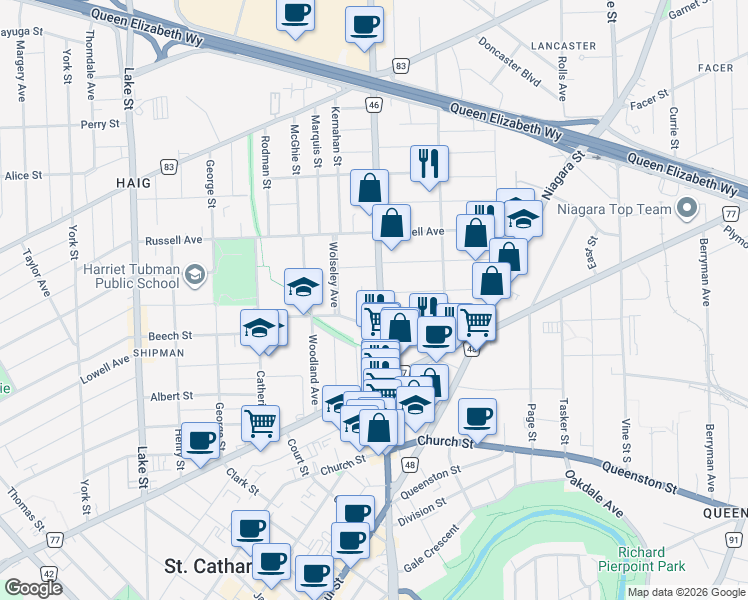 map of restaurants, bars, coffee shops, grocery stores, and more near 145 Geneva Street in St. Catharines