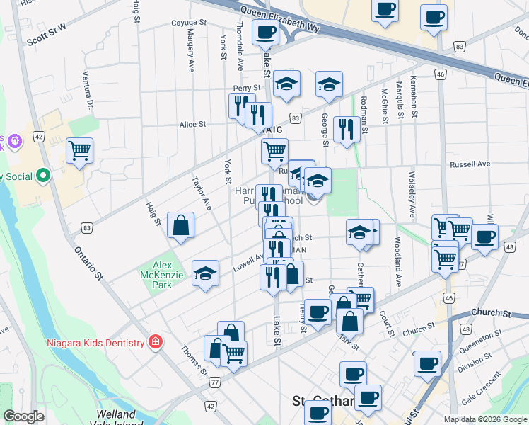 map of restaurants, bars, coffee shops, grocery stores, and more near 159 Lake Street in St. Catharines