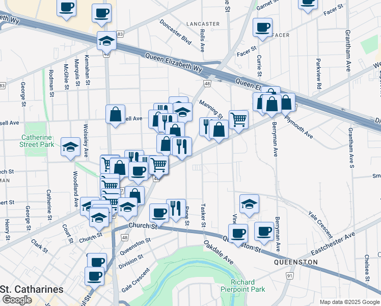 map of restaurants, bars, coffee shops, grocery stores, and more near 82 Page Street in St. Catharines