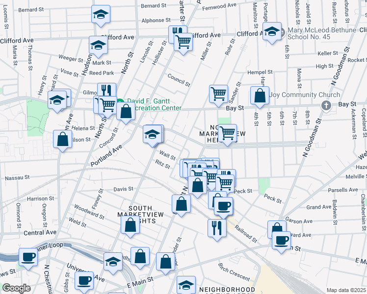 map of restaurants, bars, coffee shops, grocery stores, and more near 155 Hebard Street in Rochester
