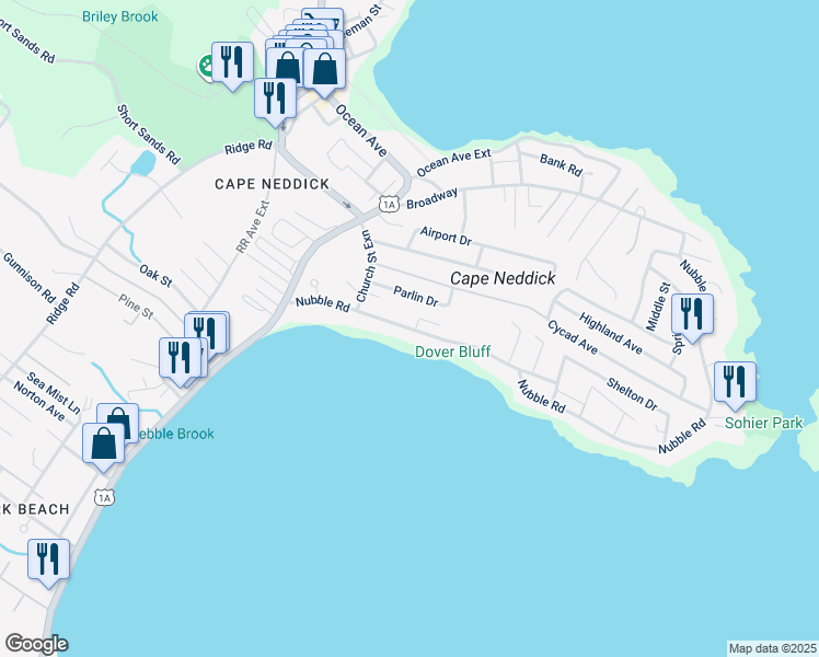 map of restaurants, bars, coffee shops, grocery stores, and more near 54 Nubble Road in York