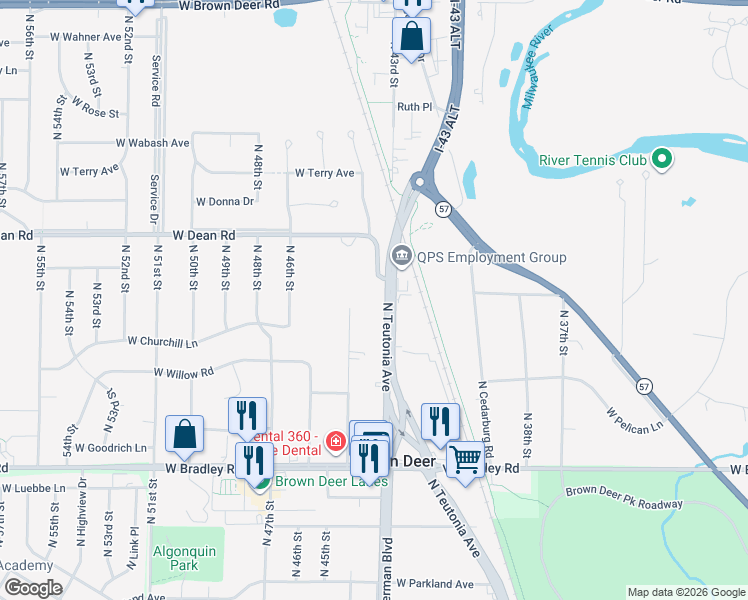 map of restaurants, bars, coffee shops, grocery stores, and more near 8267 North Teutonia Avenue in Brown Deer