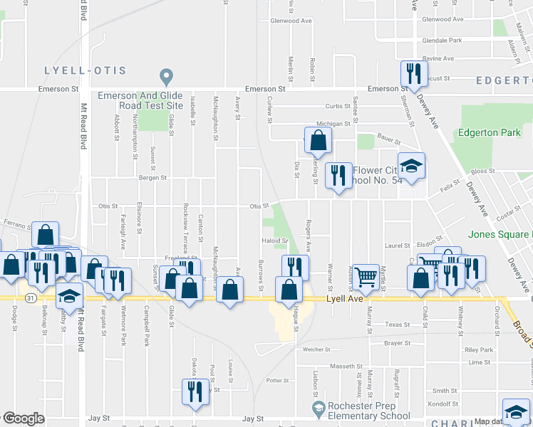 map of restaurants, bars, coffee shops, grocery stores, and more near 178 Burrows Street in Rochester