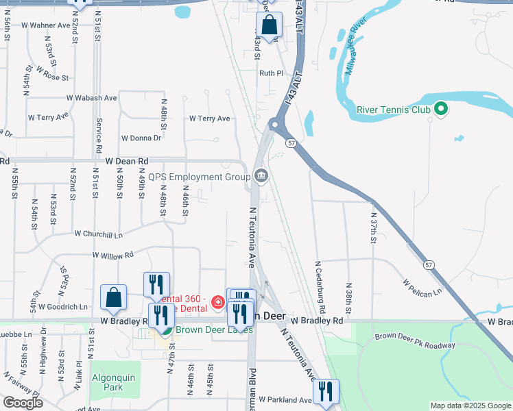 map of restaurants, bars, coffee shops, grocery stores, and more near 8285 North Teutonia Avenue in Brown Deer