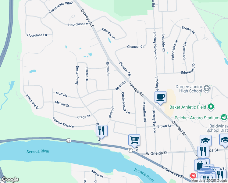 map of restaurants, bars, coffee shops, grocery stores, and more near 13 Mott Road in Baldwinsville
