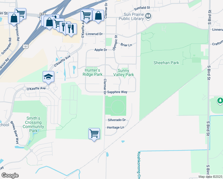 map of restaurants, bars, coffee shops, grocery stores, and more near 1626 Sapphire Way in Sun Prairie